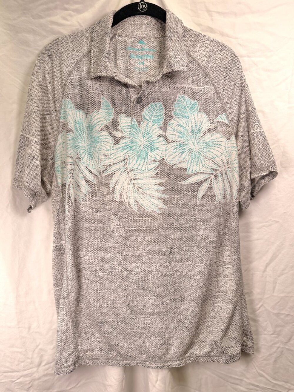 Tommy Bahama IslandZone Polo Shirt Large Gray Aqua Tropical Floral Golf Performa